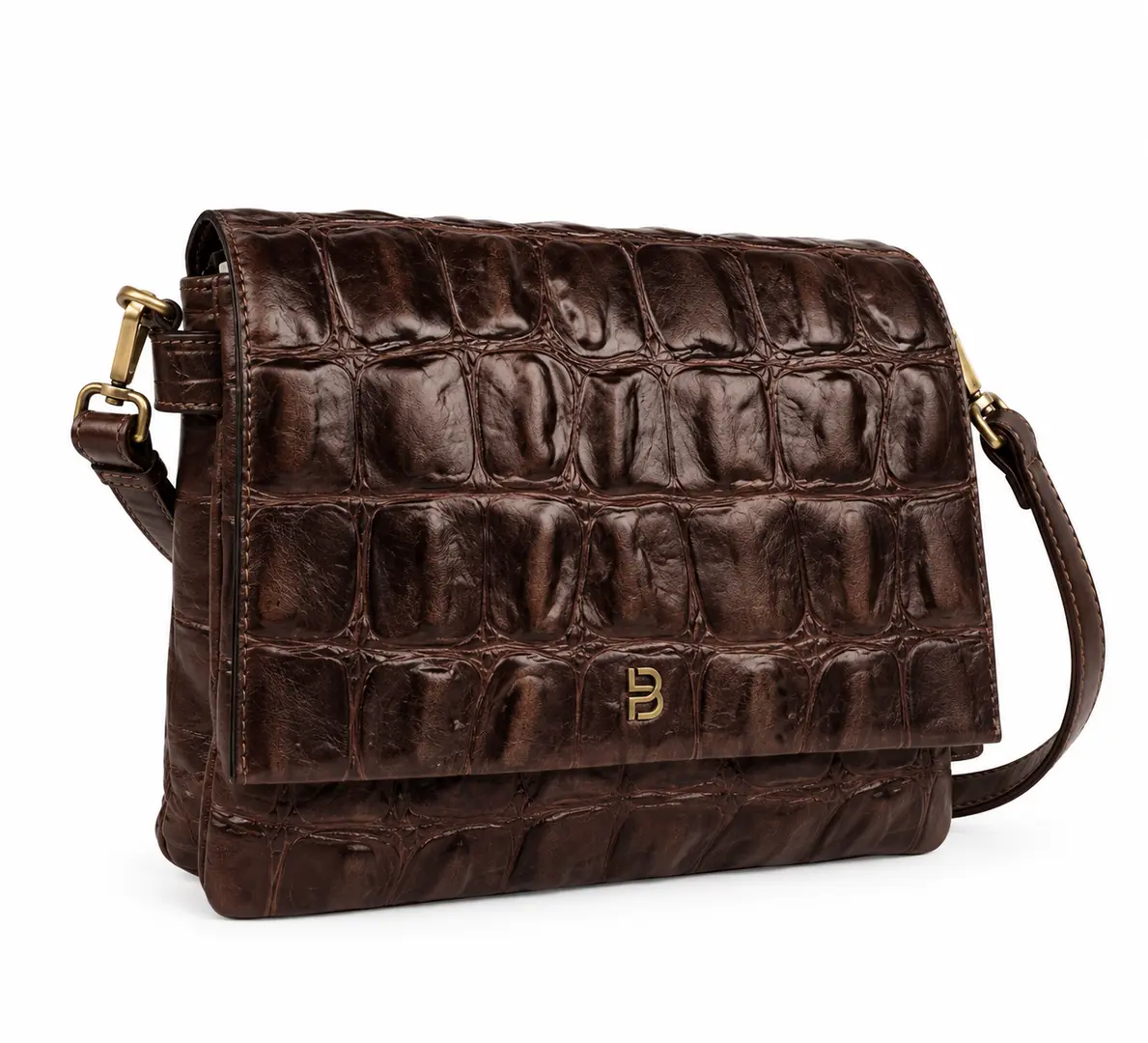 Belluga Croco Classy BCR027 donkerbruine crossbodytas met croco-reliëf, overslagklep en goudkleurige details.