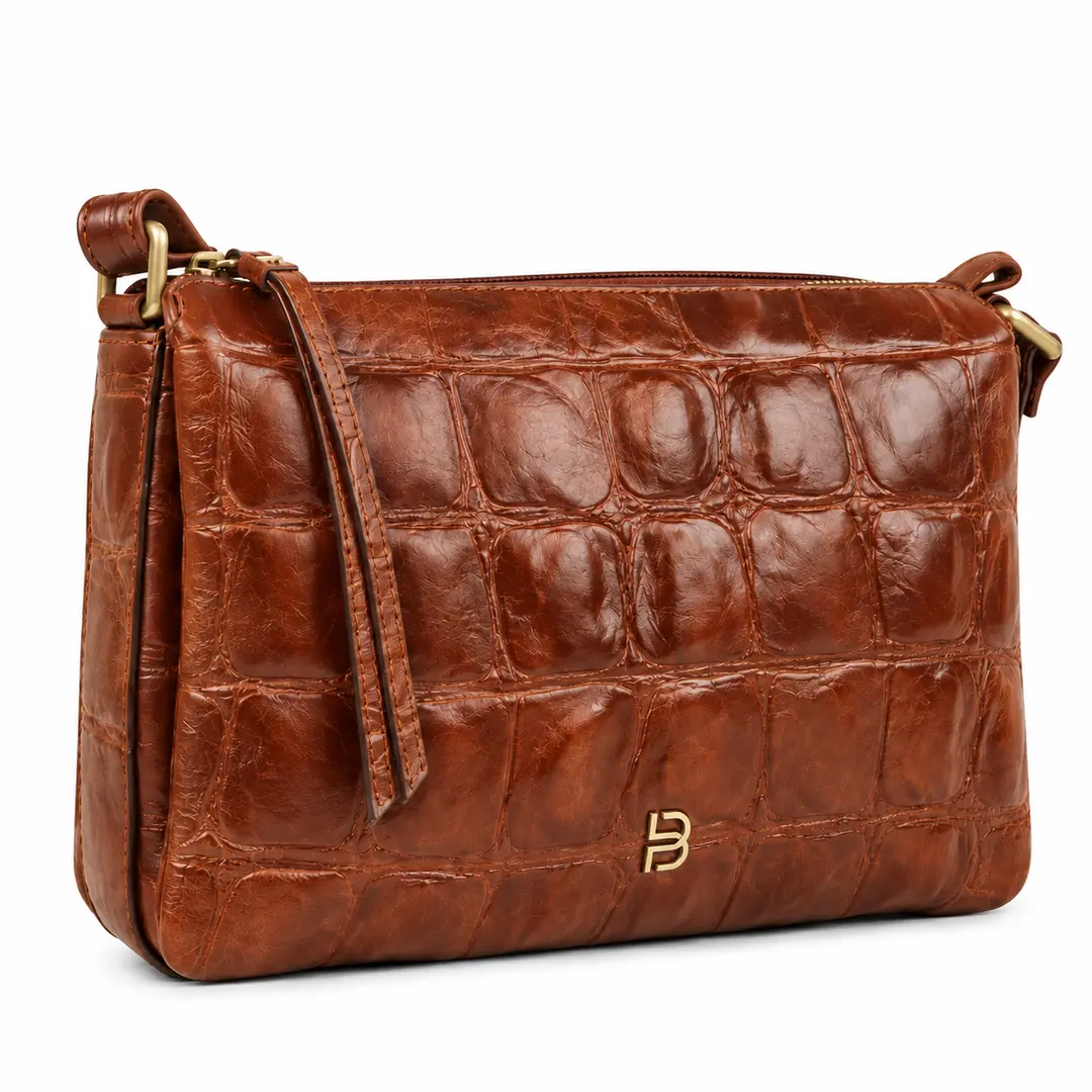 Belluga Croco Classy BCR039 cognac crossbodytas met croco-reliëf, ritssluiting en goudkleurig Belluga-logo.