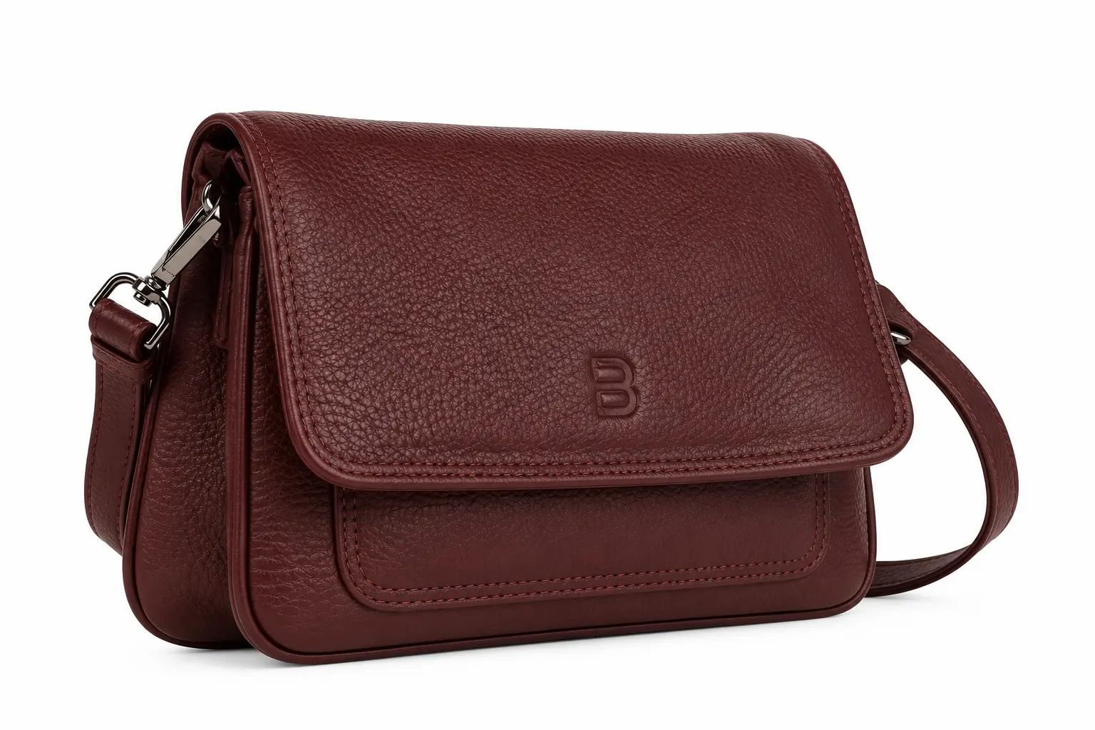 Belluga Eternity ET253 Burgundy dames crossbodytas in bordeaux met generfde structuur, overslagklep, voorvak en verstelbare schouderriem.