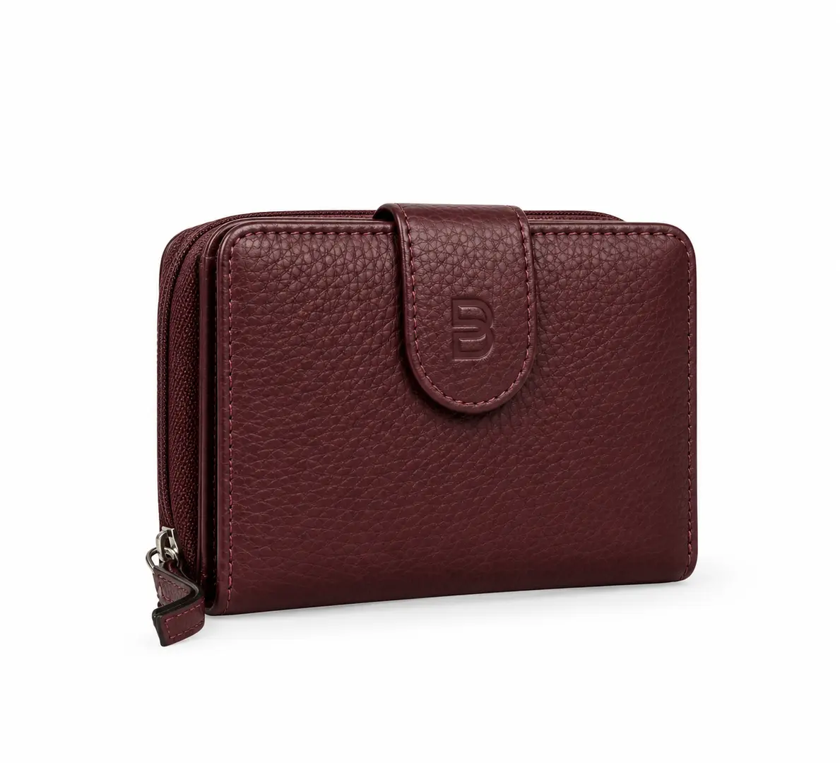 Belluga Eternity BEJ038 Burgundy damesportefeuille in wijnrood met fijne korrelstructuur, ritssluiting en klepsluiting met Belluga-logo.