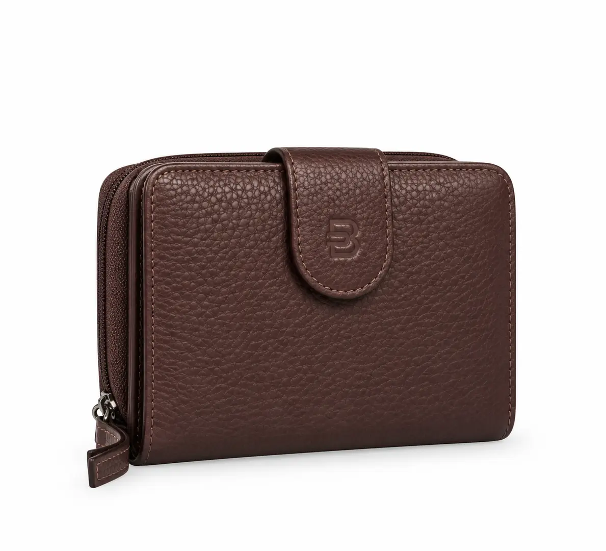 Belluga Eternity BEJ038 Chocolat damesportefeuille in donkerbruin met fijne korrelstructuur, ritssluiting en klepsluiting met Belluga-logo.