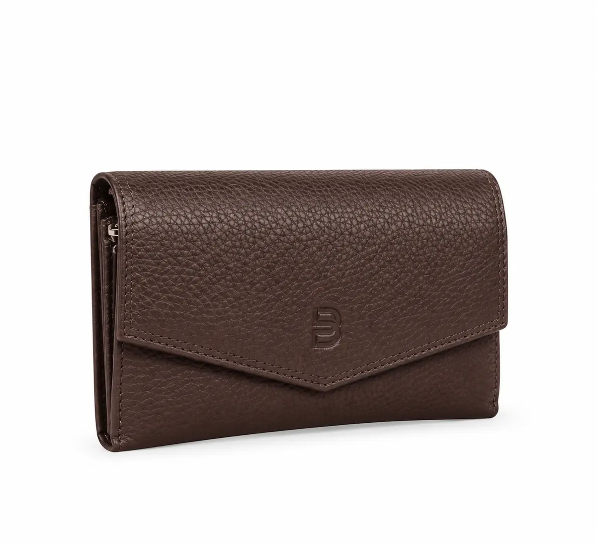 Belluga Eternity BEJ056 Chocolat damesportefeuille in donkerbruin met fijne korrelstructuur, enveloppeklep en subtiel Belluga-logo.