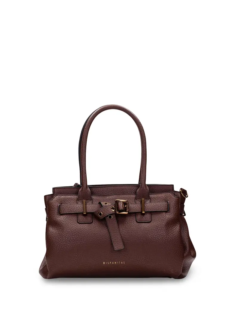 Donkerbruine kunstleren handtas met grove structuur, dubbele hengsels en goudkleurige gesp