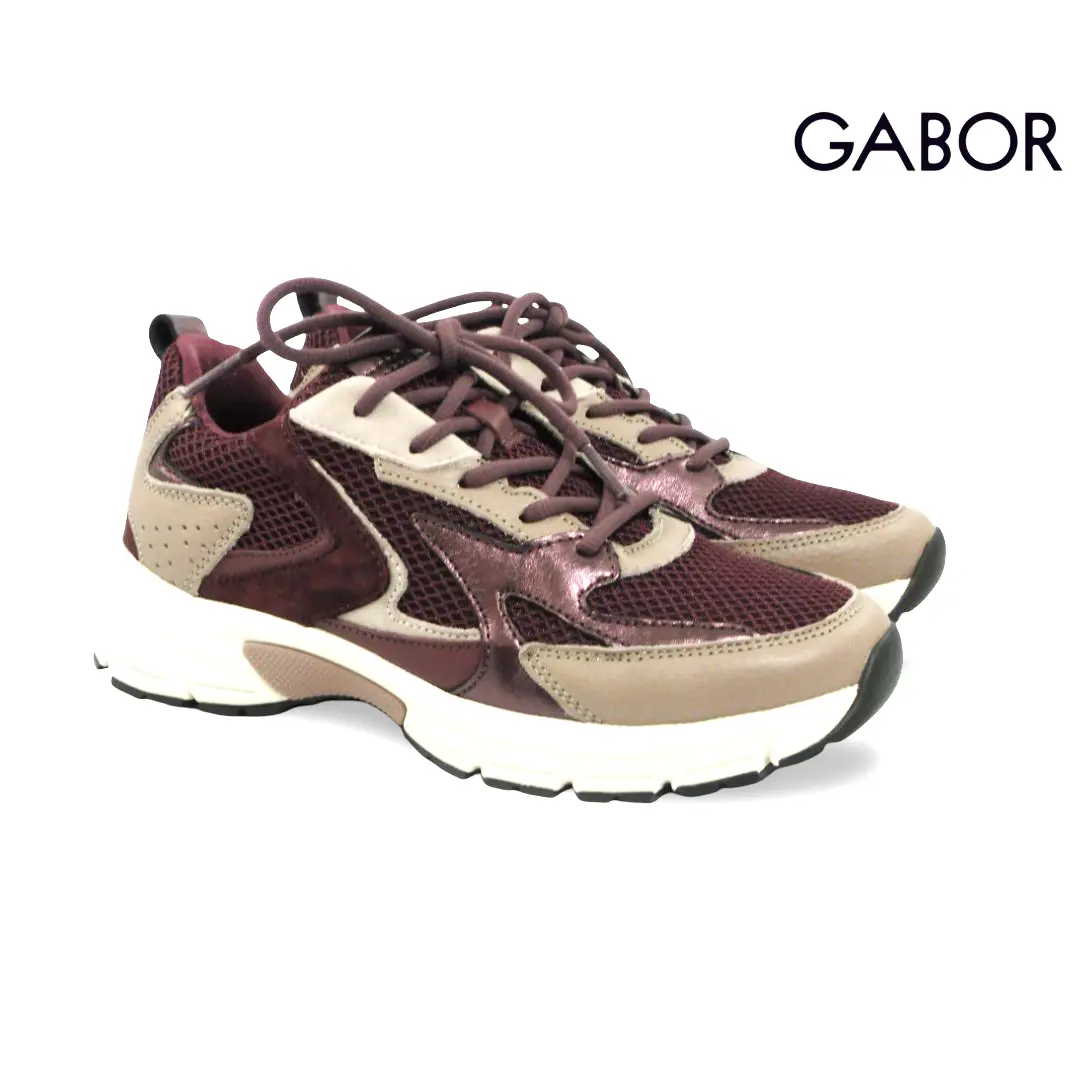 Gabor 6005.01 dames chunky sneakers in bordeaux met beige en metallic accenten, mesh details en sportieve profielzool.