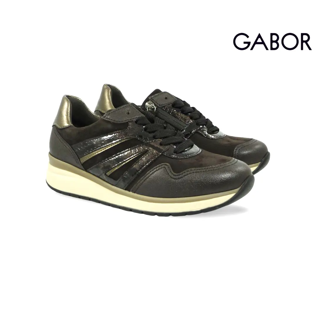 Gabor 6020.01 dames sneakers in donkerbruin met glanzende en reptielprint details, zwarte veters en lichte zool.