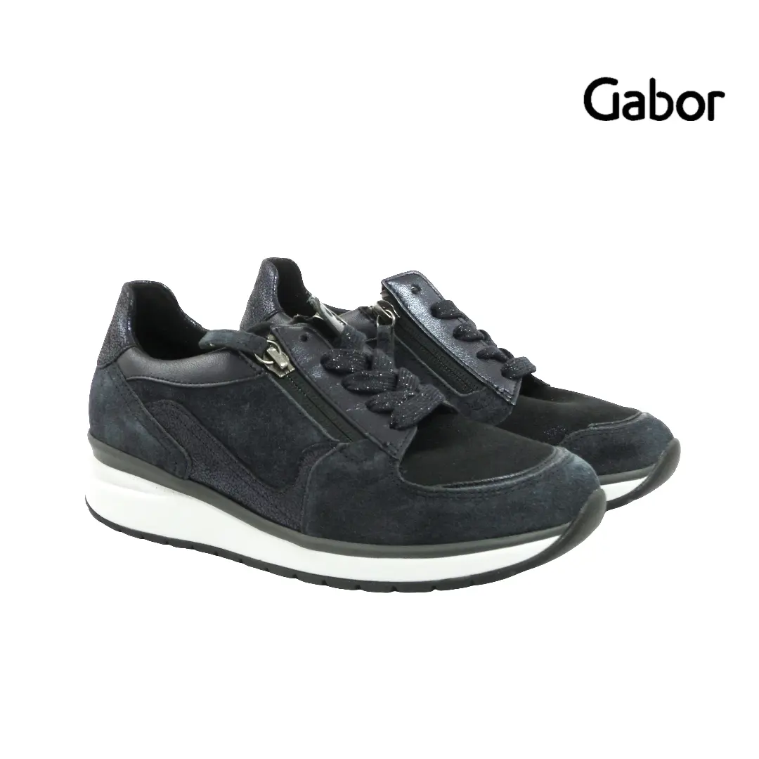 Donkerblauwe sneakers van Gabor met rits, veters en witte zool, in extra wijdte K voor bredere voeten.