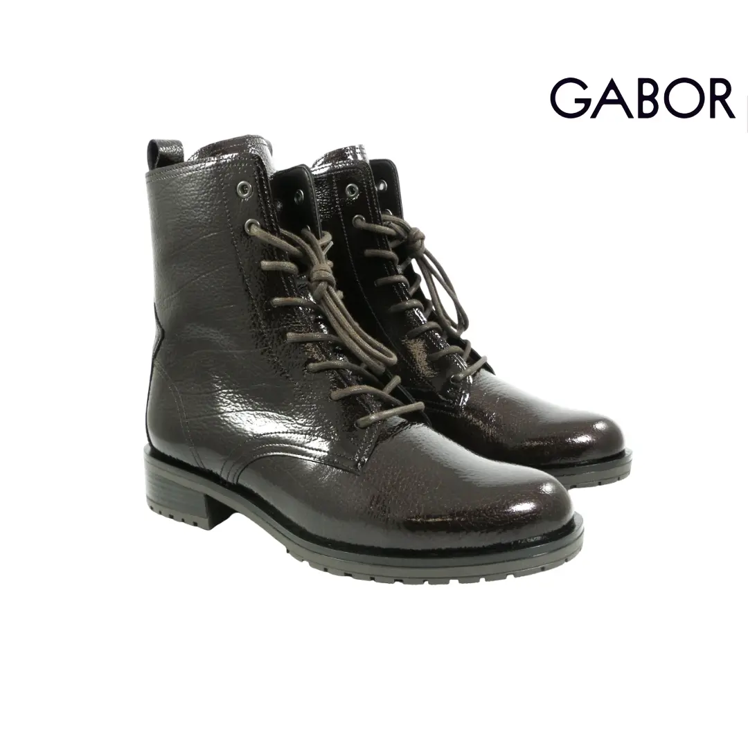 Gabor 8039.02 dames veterboots in donkerbruin glanzend leder met vetersluiting, lage blokhak en stevige profielzool.