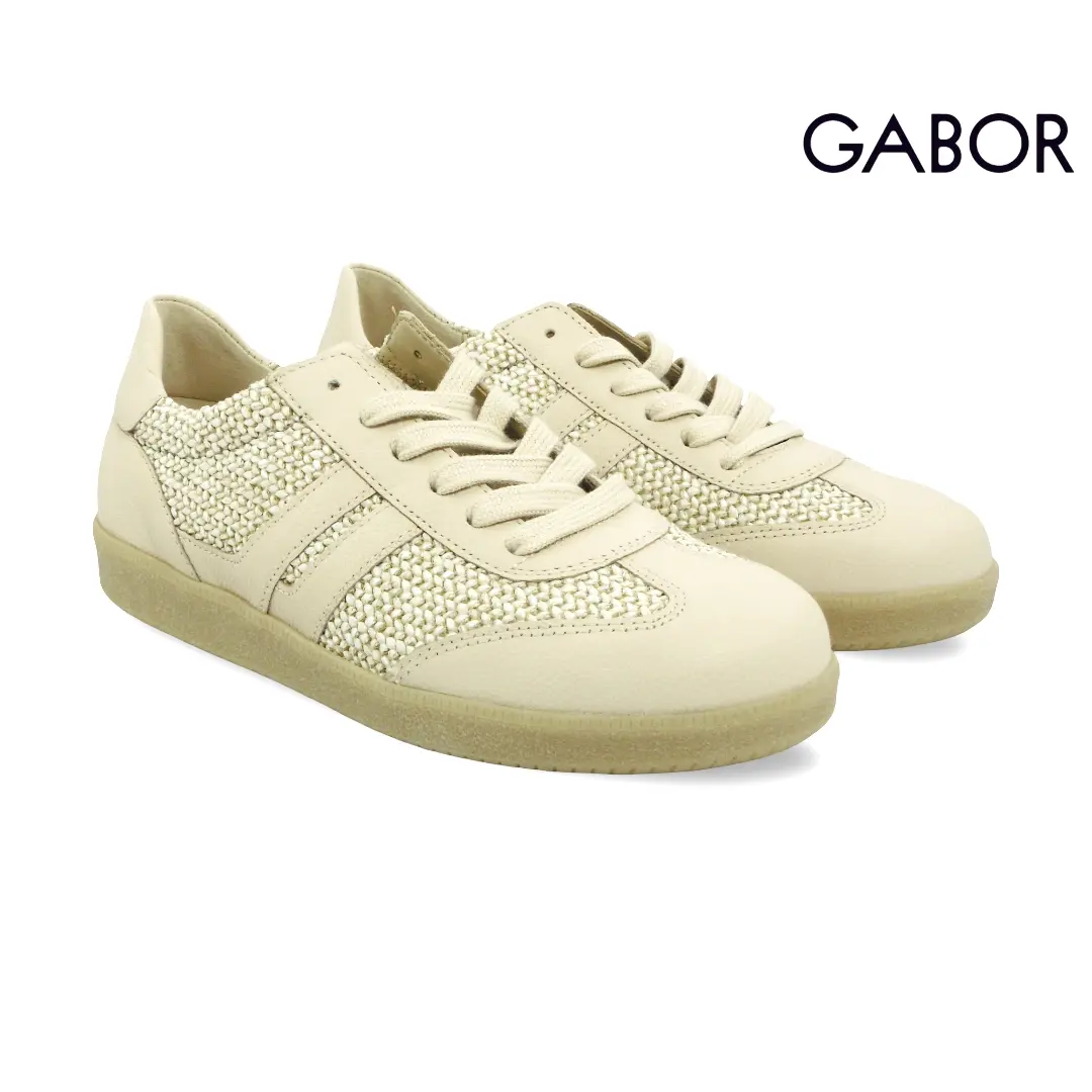 Gabor 83.300-42 dames sneakers in crème leer met gevlochten textiel en lichte zool.