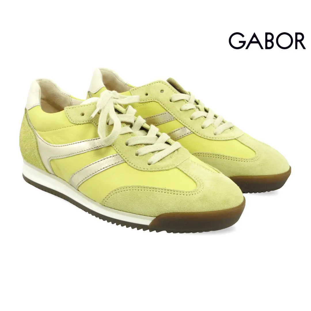 Gabor 83.430-13 gele dames sneaker van suède met witte accenten.