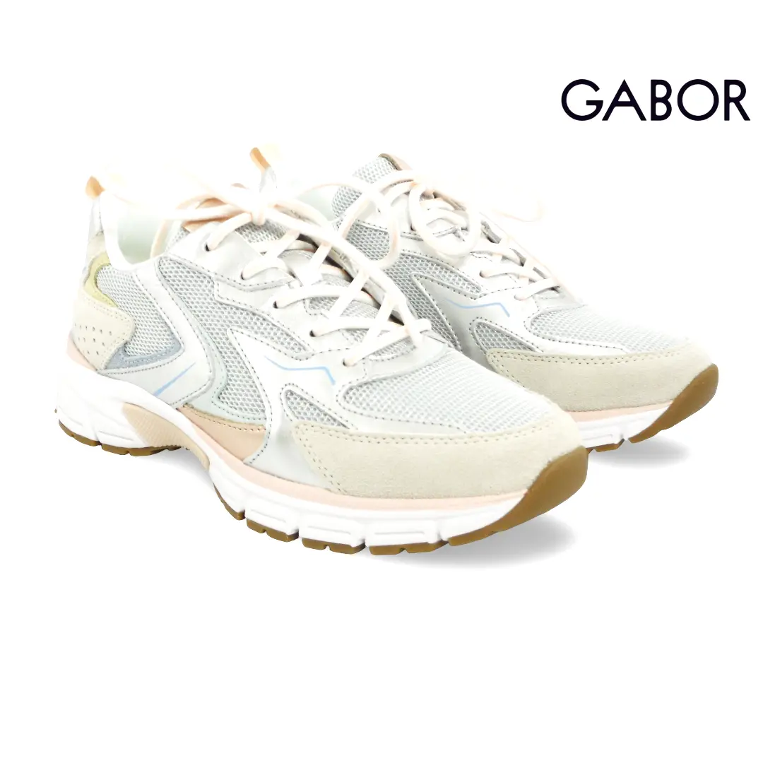 Gabor 86.536-64 dames sneakers in wit met pastel- en zilveraccenten en sportieve zool.