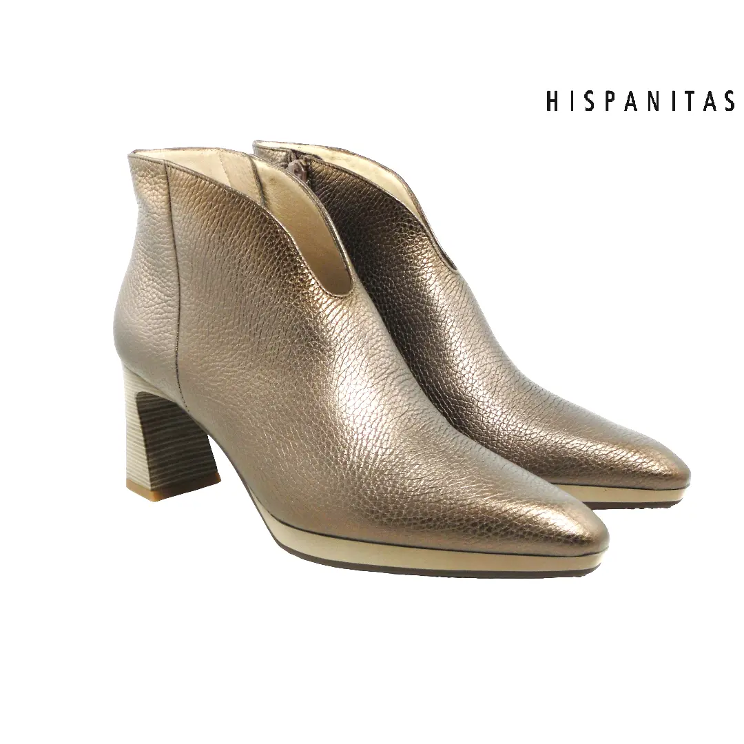 Hispanitas HI254270 – dames enkellaarsjes in metallic brons met blokhak en spitse neus.