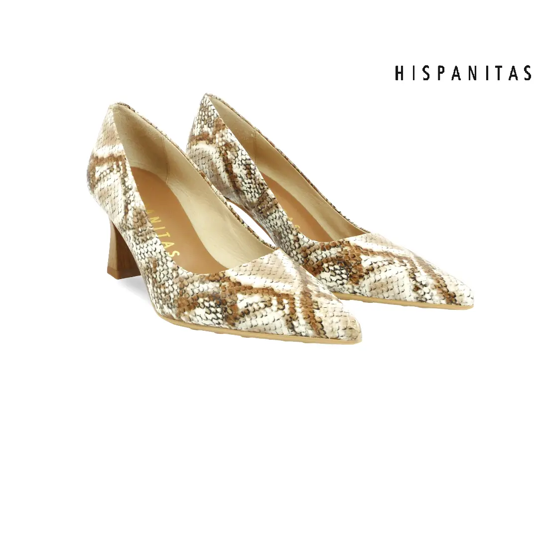 Hispanitas pump met slangenprint en blokhak in naturel tinten