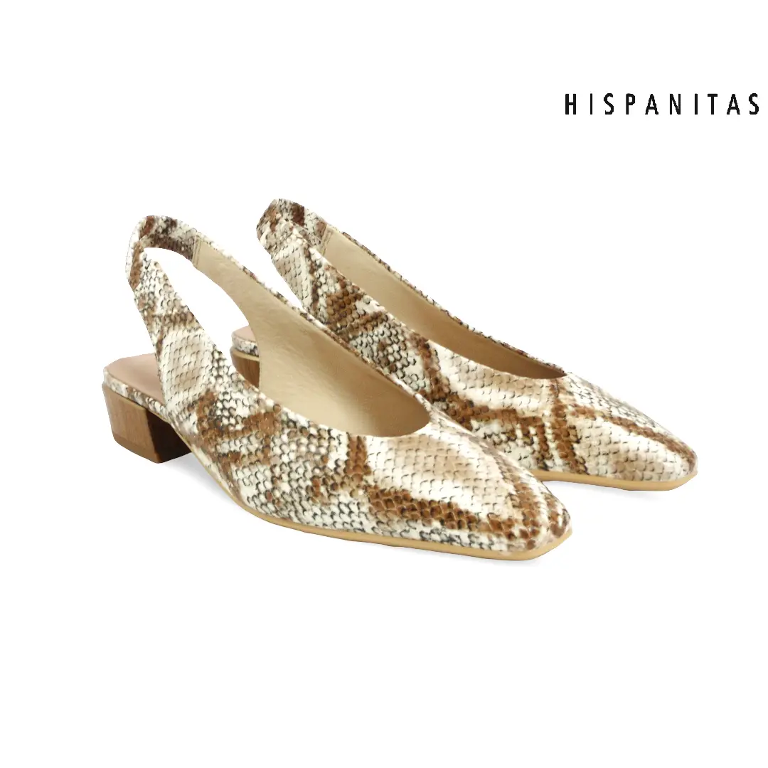 Hispanitas slingback pump met slangenprint en lage blokhak in naturel tinten