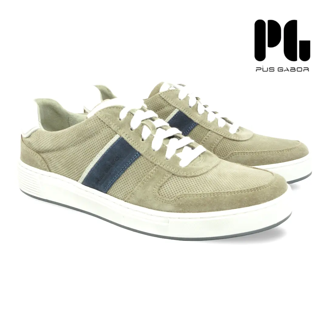 Pius Gabor beige heren sneaker van suède met blauwe accentstreep.