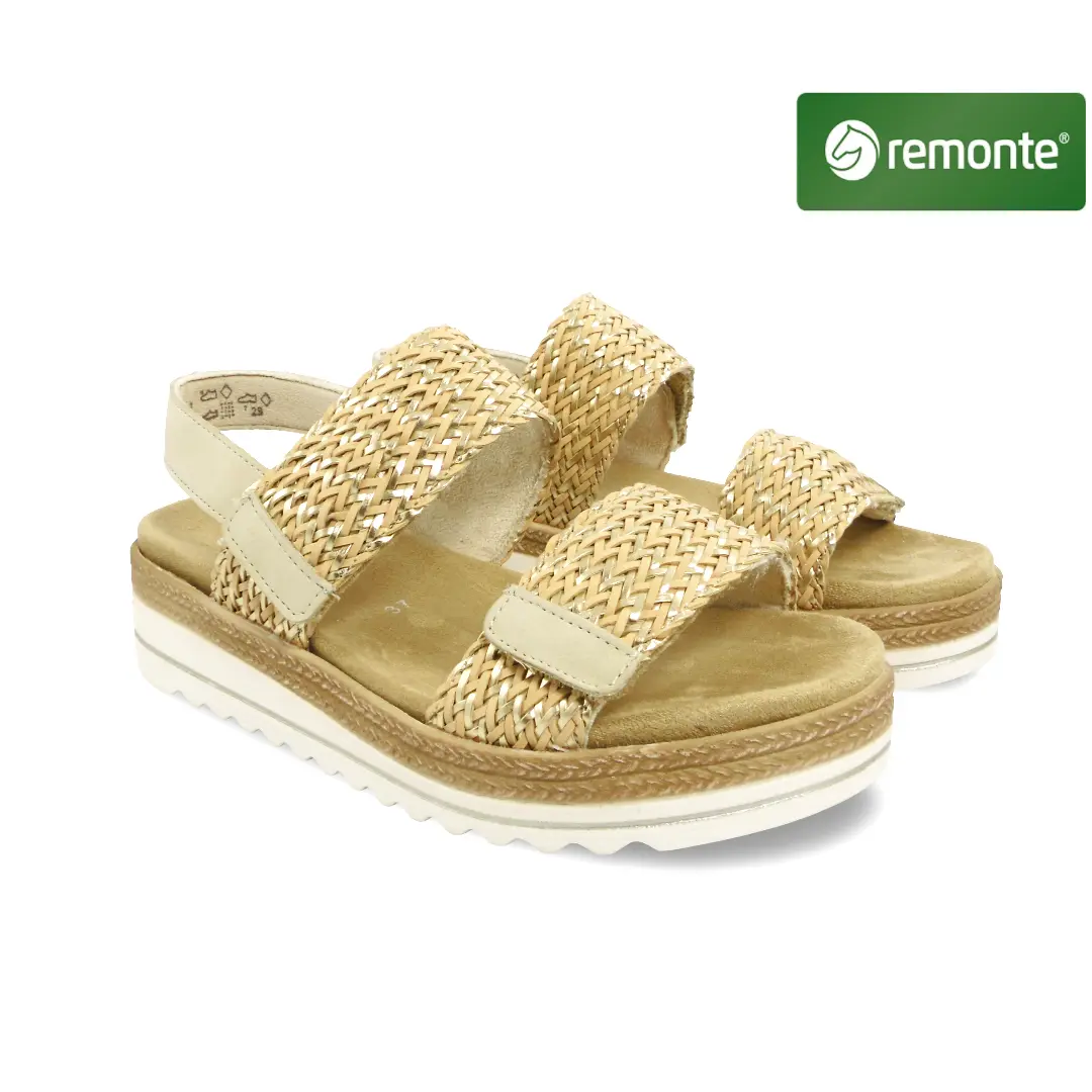 Remonte D0Q63-90 dames sandaal in naturel goud met gevlochten banden en comfortabele zool.