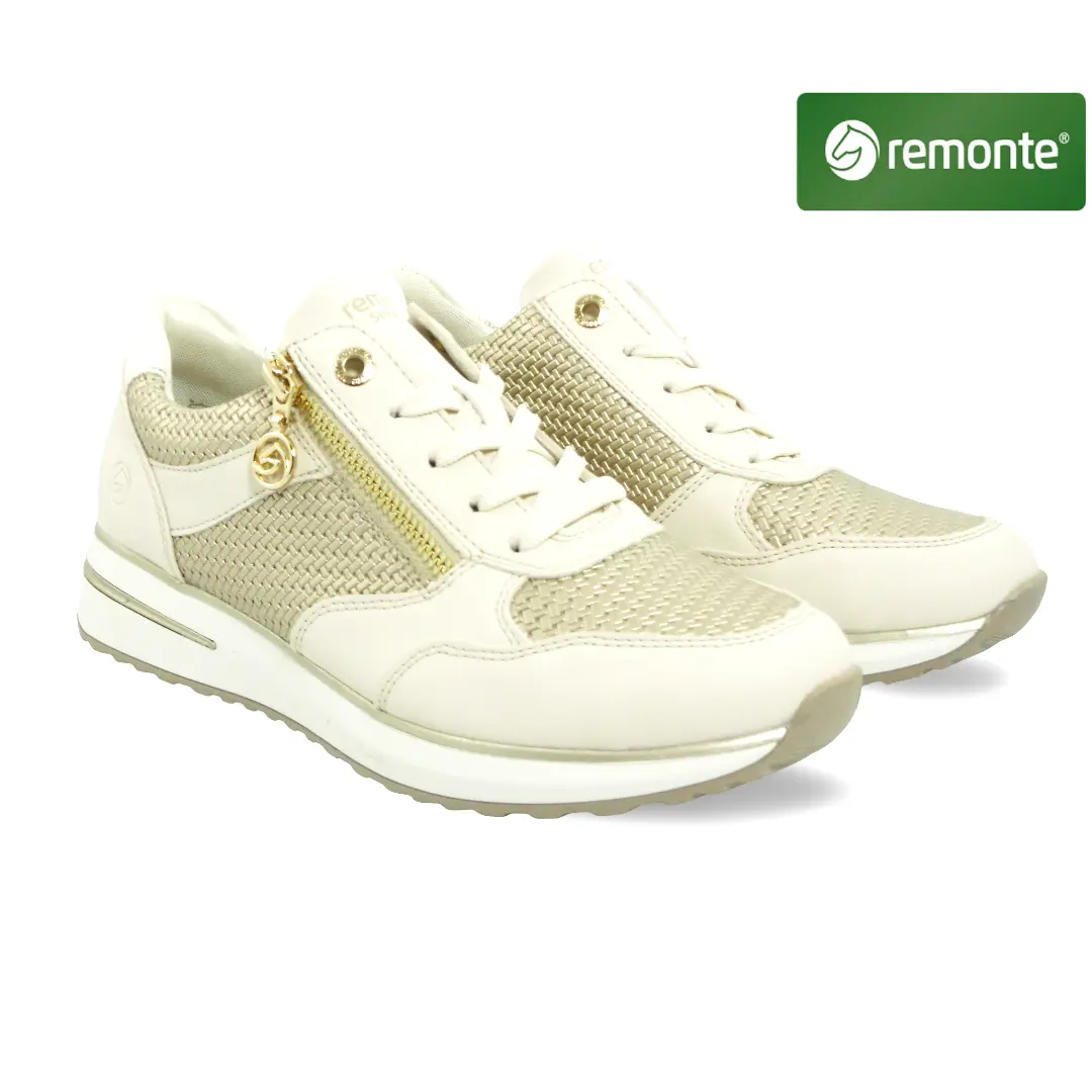 Remonte beige dames sneaker met rits en geweven pale gold detail.