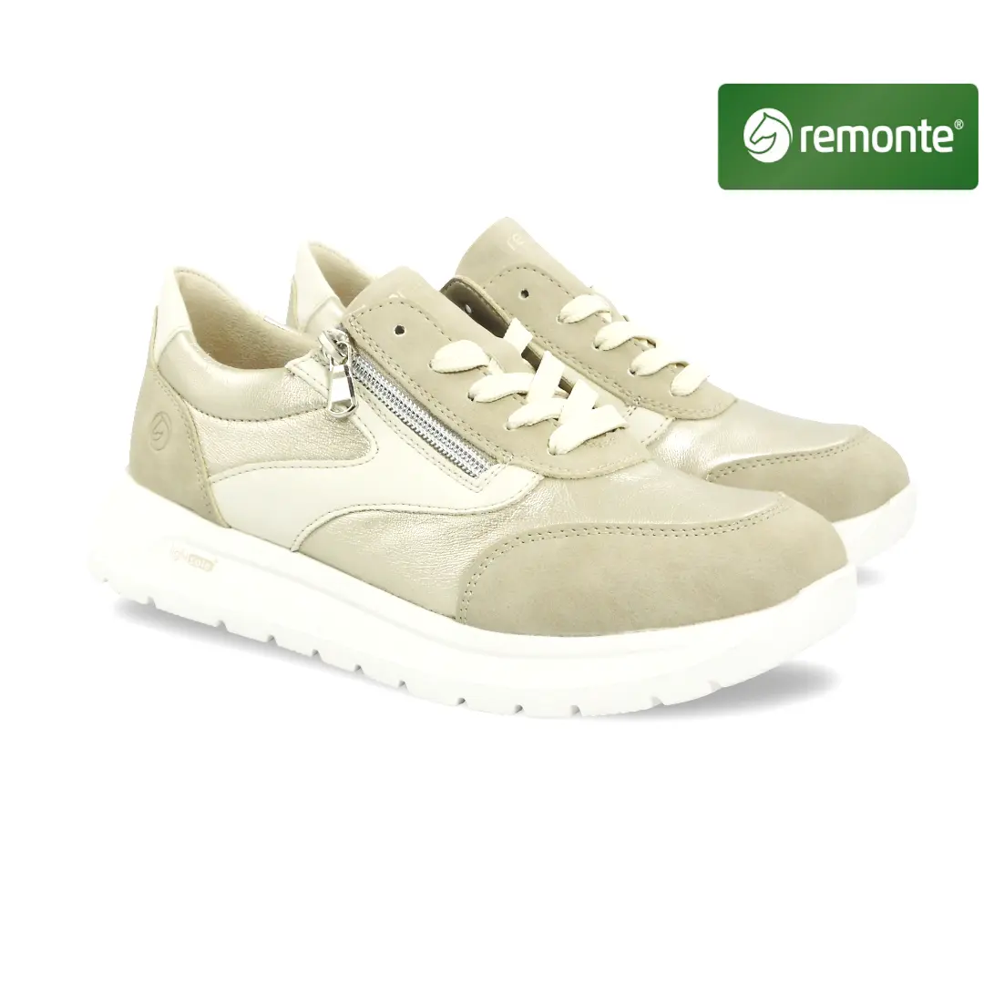 Remonte D2V02 Ginger Palegold Porzellan beige dames sneaker met goudaccenten en rits
