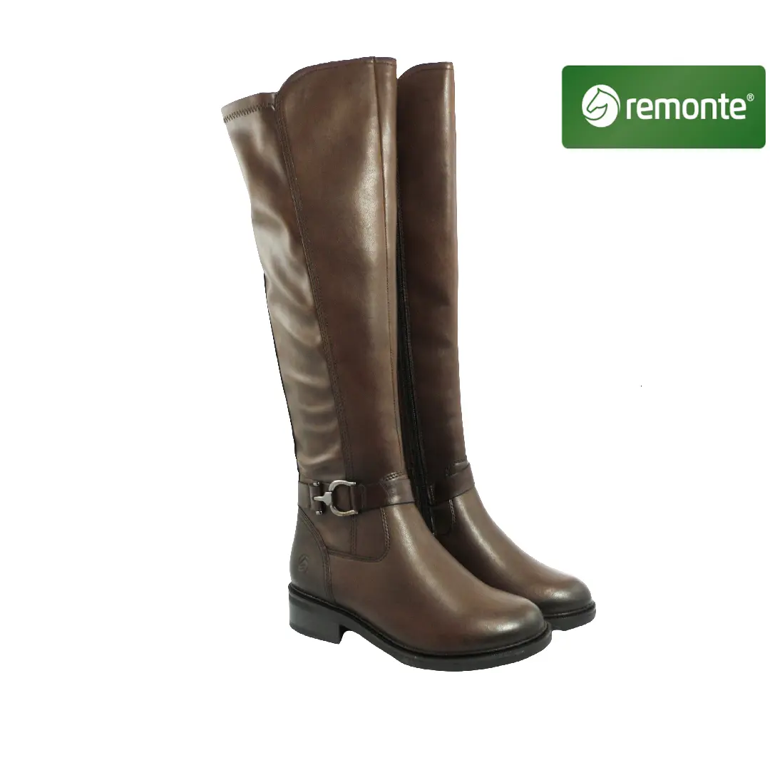 Bruine leren dameslaarzen met rits, lage hak en decoratief riempje in combi met stretchmateriaal.