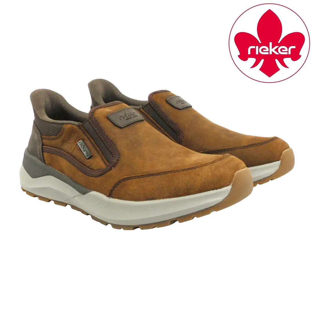 Bruine leren Rieker slip-on herenschoenen met Gore-Tex, Ready to go-functie en lichte antislip-zool.