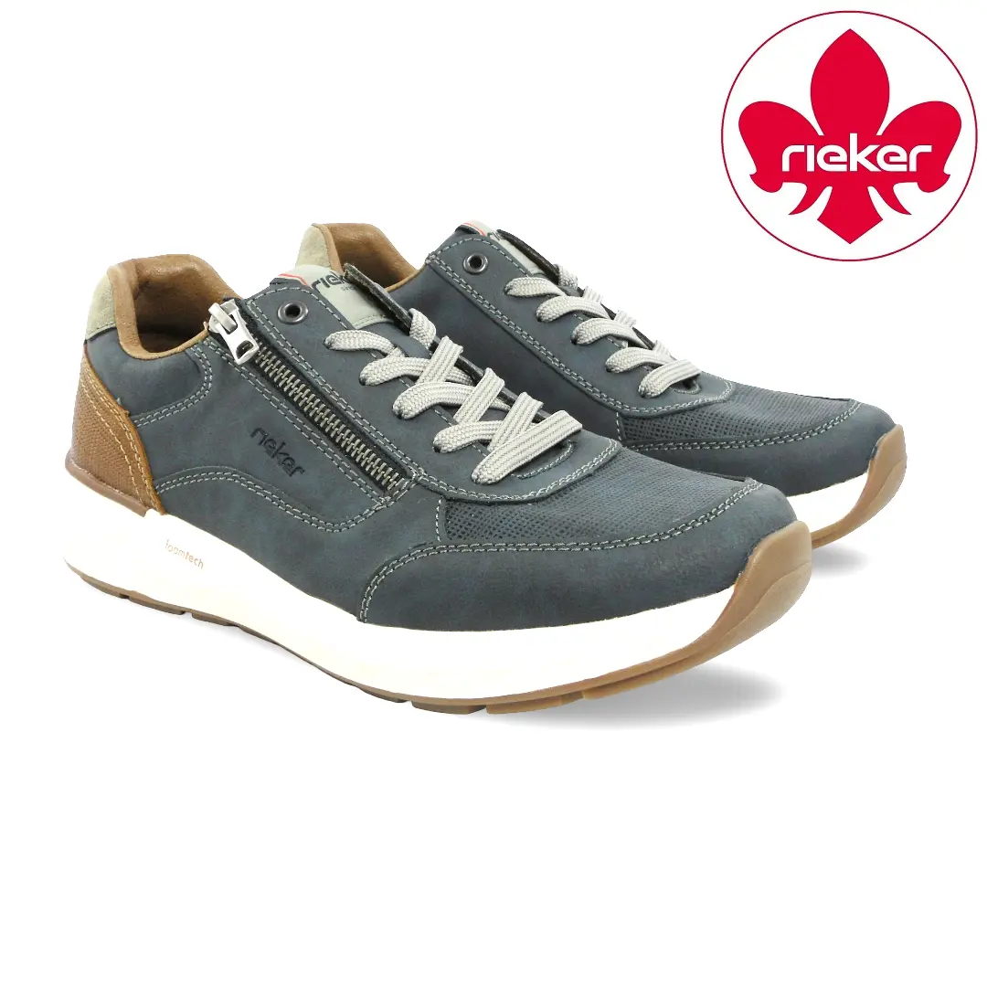 Rieker 11504 heren sneaker in midnight met bruine accenten en zijrits.