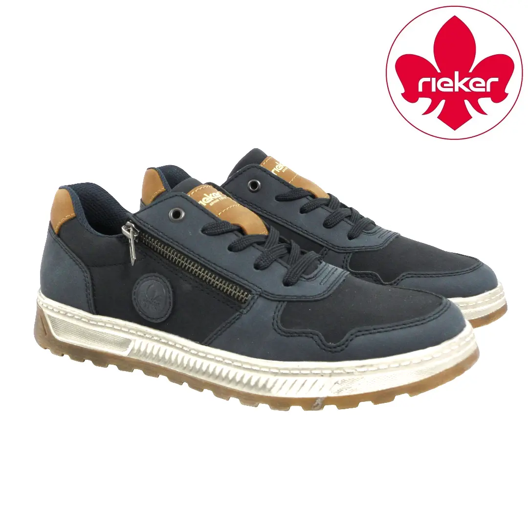 Rieker heren sneakers in denim/blauw met bruine accenten en ritssluiting. Licht, comfortabel en perfect voor elke dag.