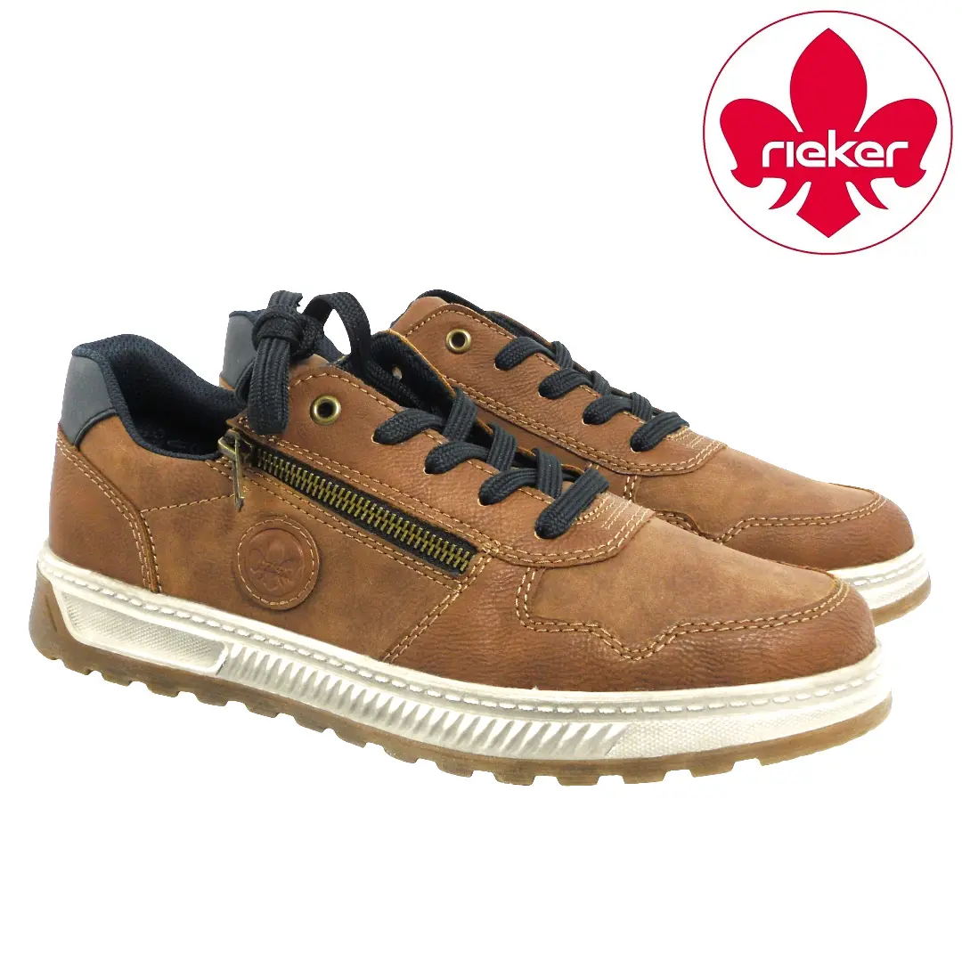 Bruine Rieker heren sneakers met blauwe details, veters, ritssluiting en lichte profielzool.