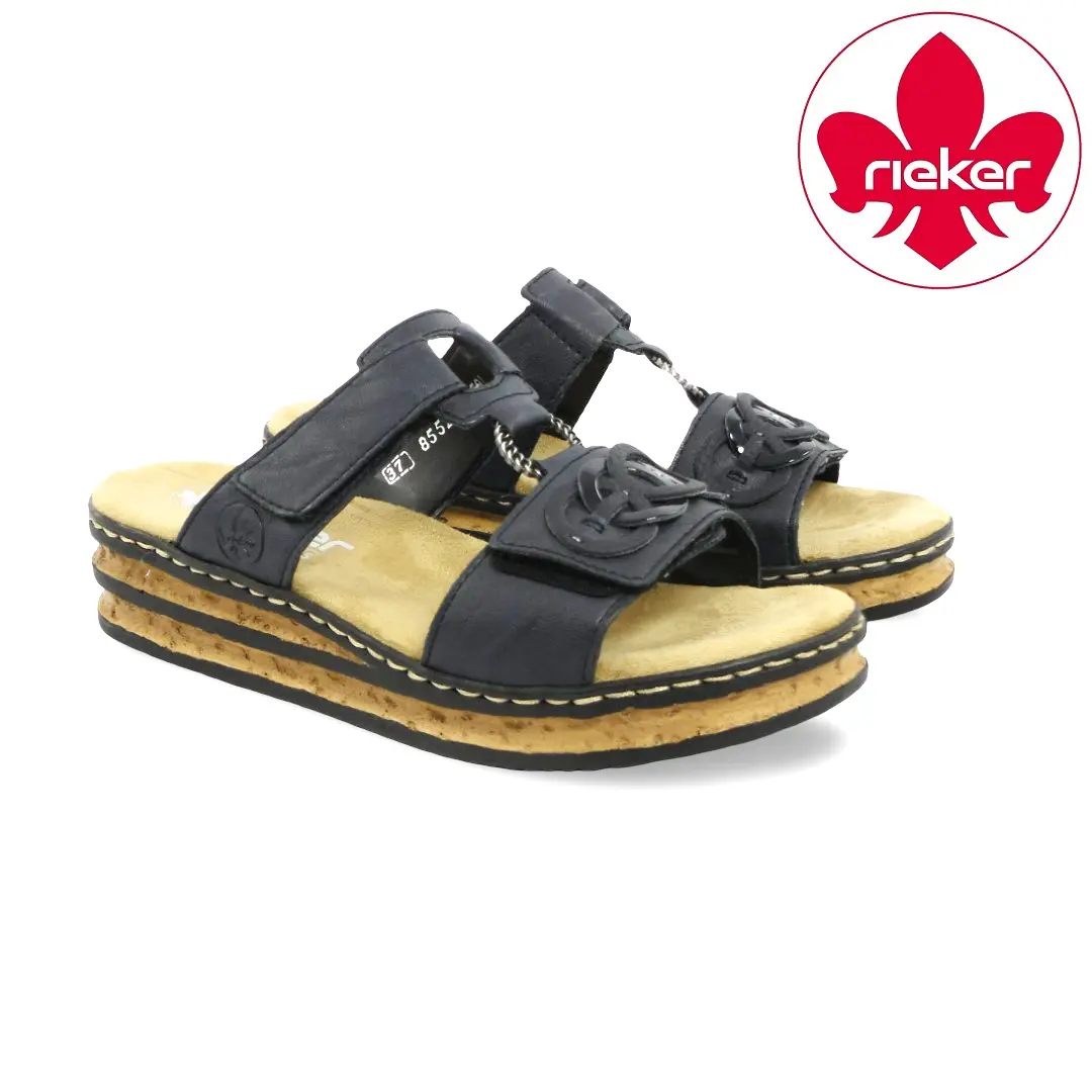 Rieker 62936 blauwe dames slipper met plateauzool en metallic detail