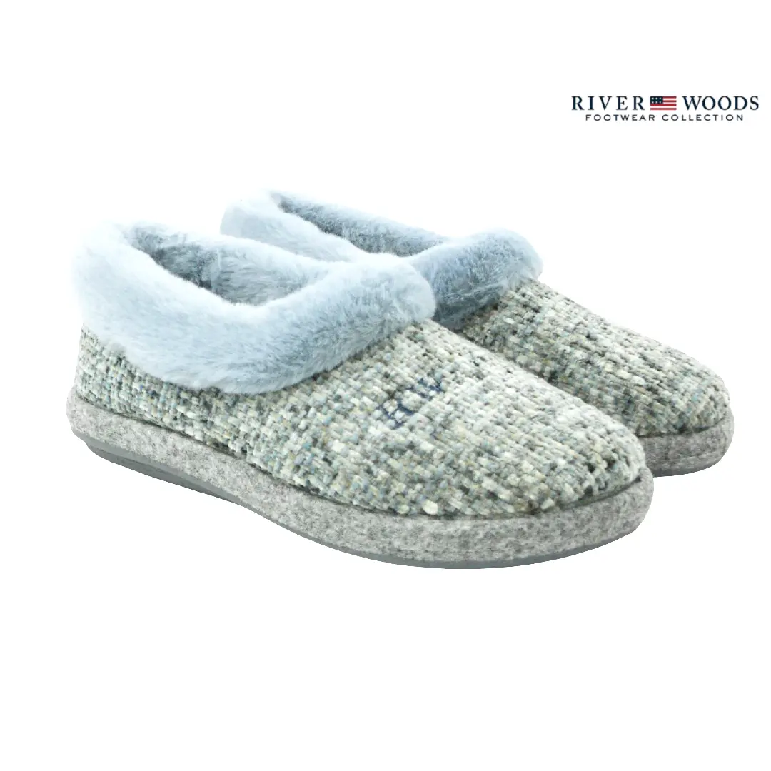 River Woods Evalia blauwe damespantoffels met zachte imitatiebontvoering en gemêleerd textiel.
