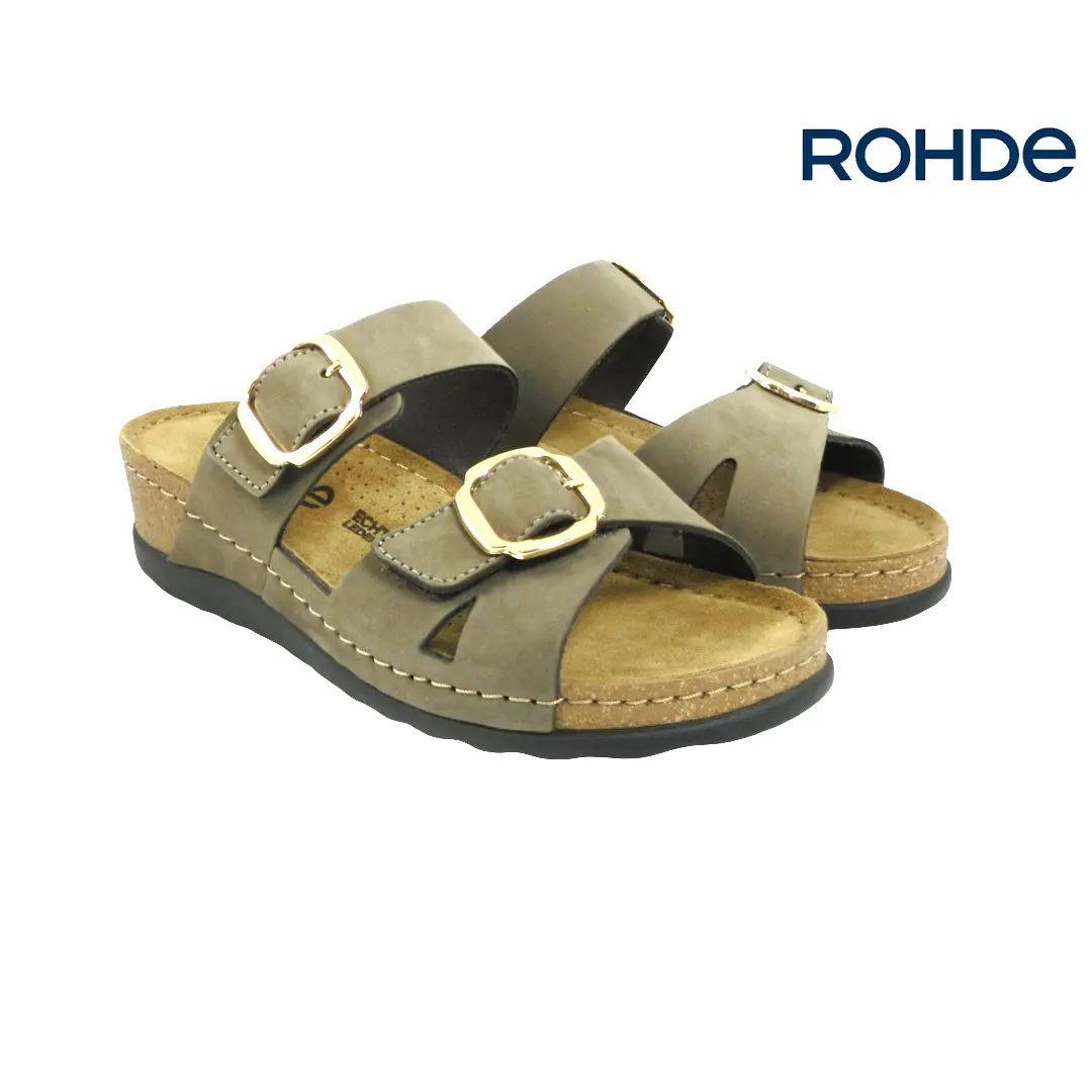 Rohde damesslipper in bruine nubuck met gouden gespen en comfortvoetbed