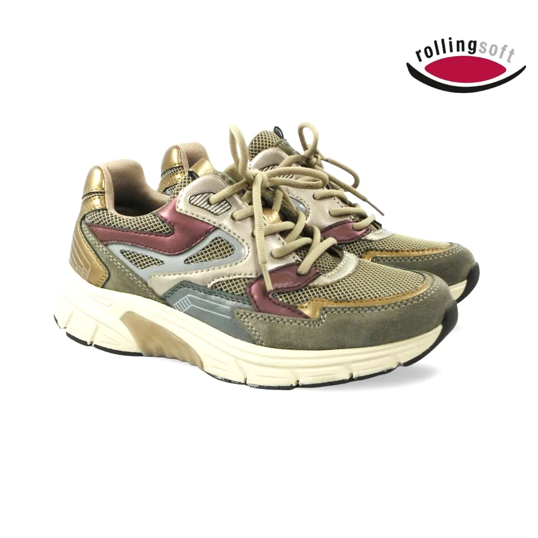 Rollingsoft 0306 damessneakers in kaki, beige, goud en bordeaux met meshdetails en chunky zool