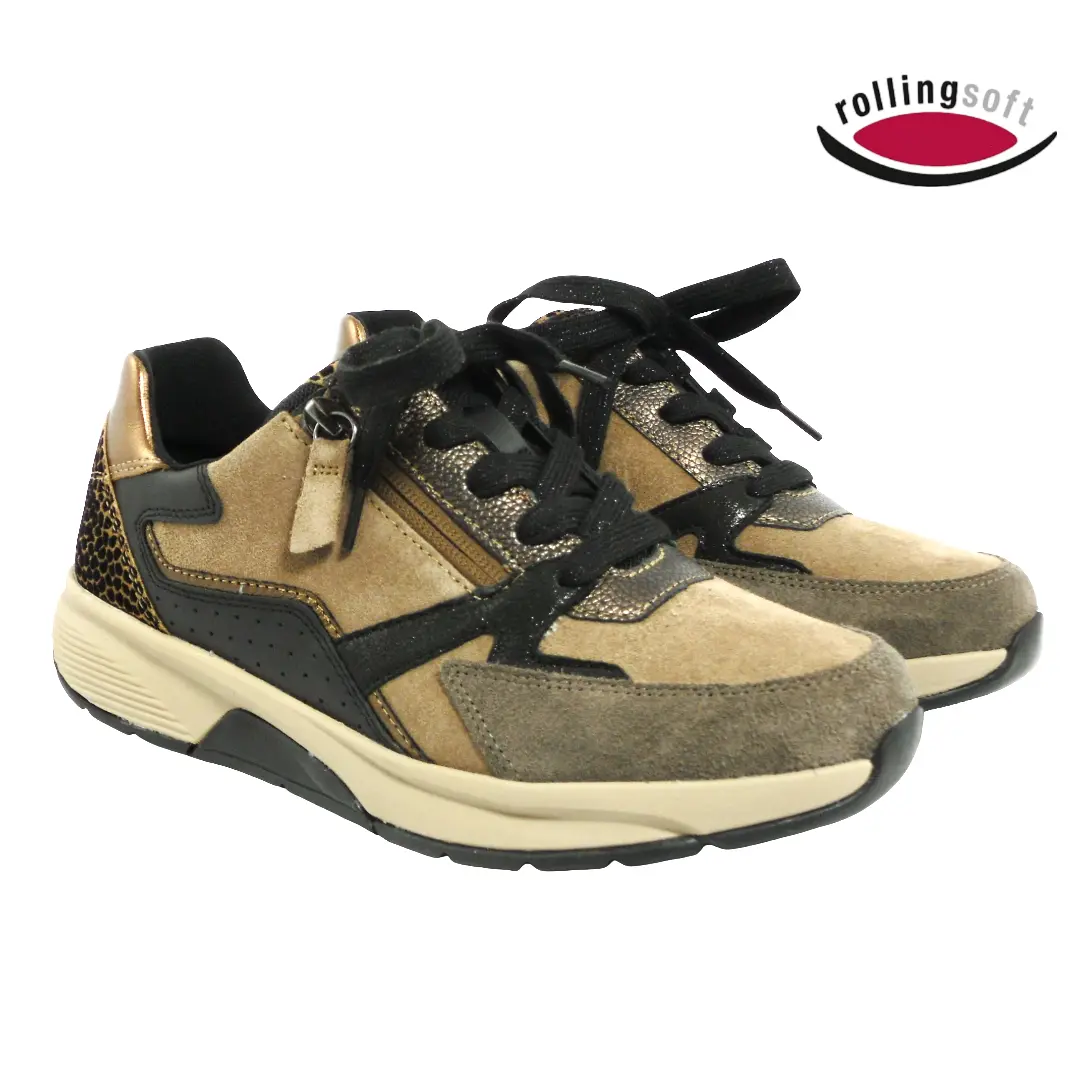 Rollingsoft dames sneakers in brons/zwart met dierenprint, veters, ritssluiting en rollingsoft-zool.