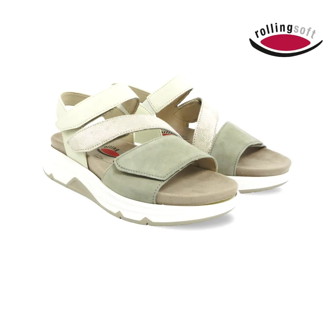 Rollingsoft sandaal in kleurencombi kaki/beige met klittenbandsluitingen