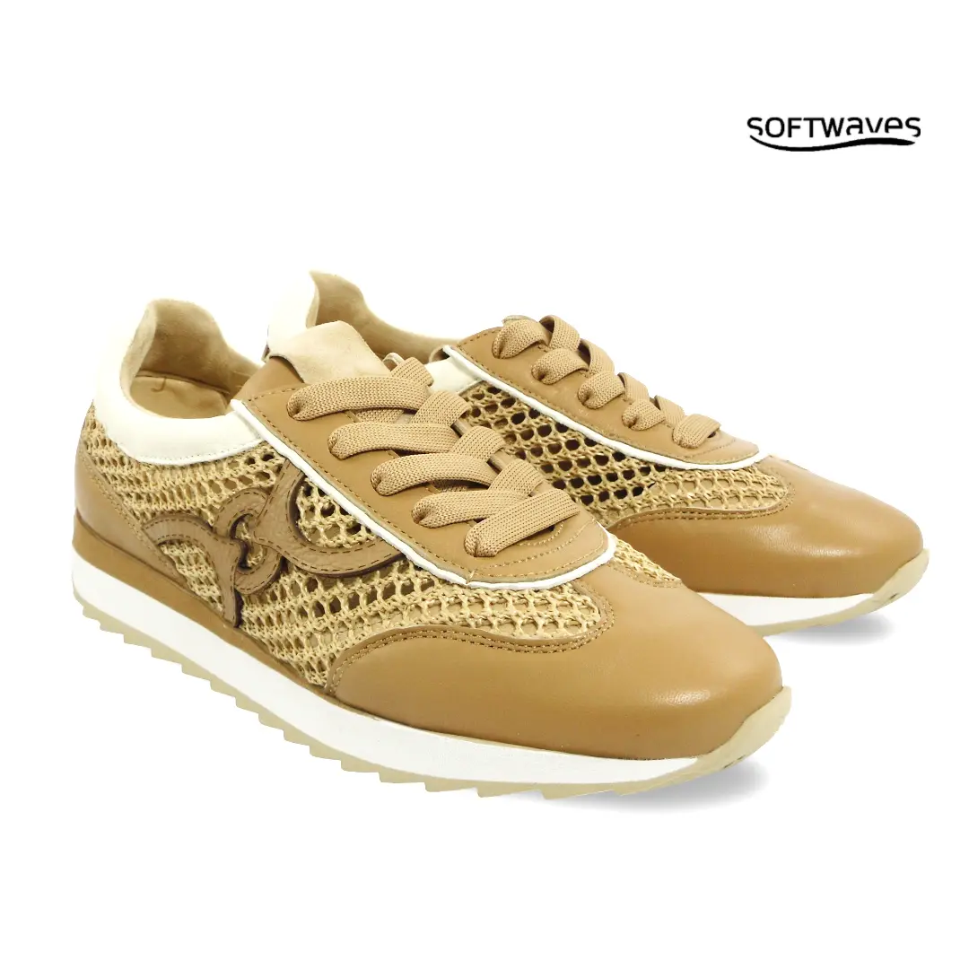 Softwaves dames sneakers noisette met geweven design en veters model 9.32.29