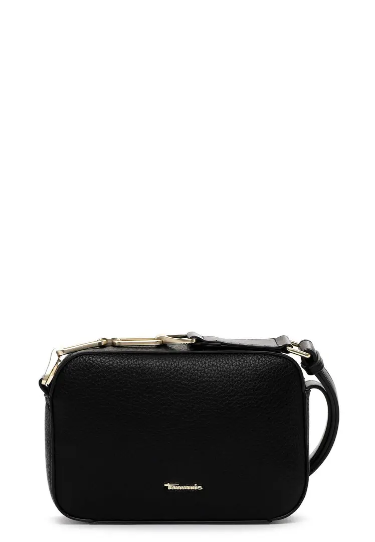 Zwarte crossbodytas met ritssluiting, schouderband met goudkleurige schakels en subtiele merkbadge.