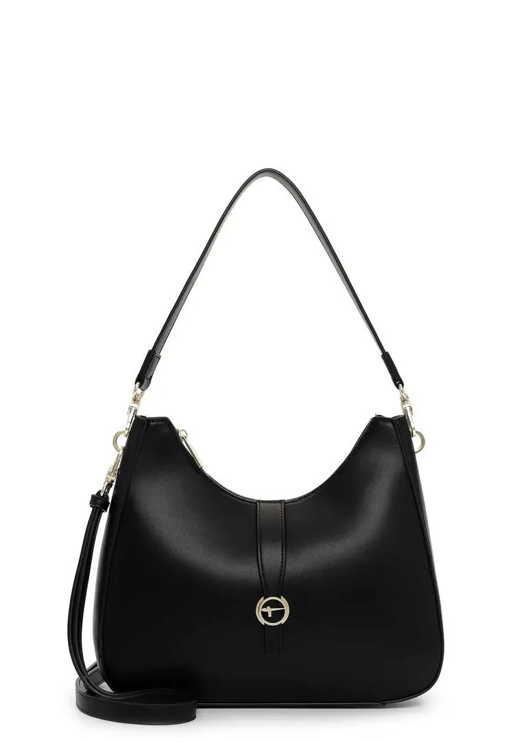 Zwarte schoudertas van synthetisch leder met goudkleurige sluiting en schouderband.