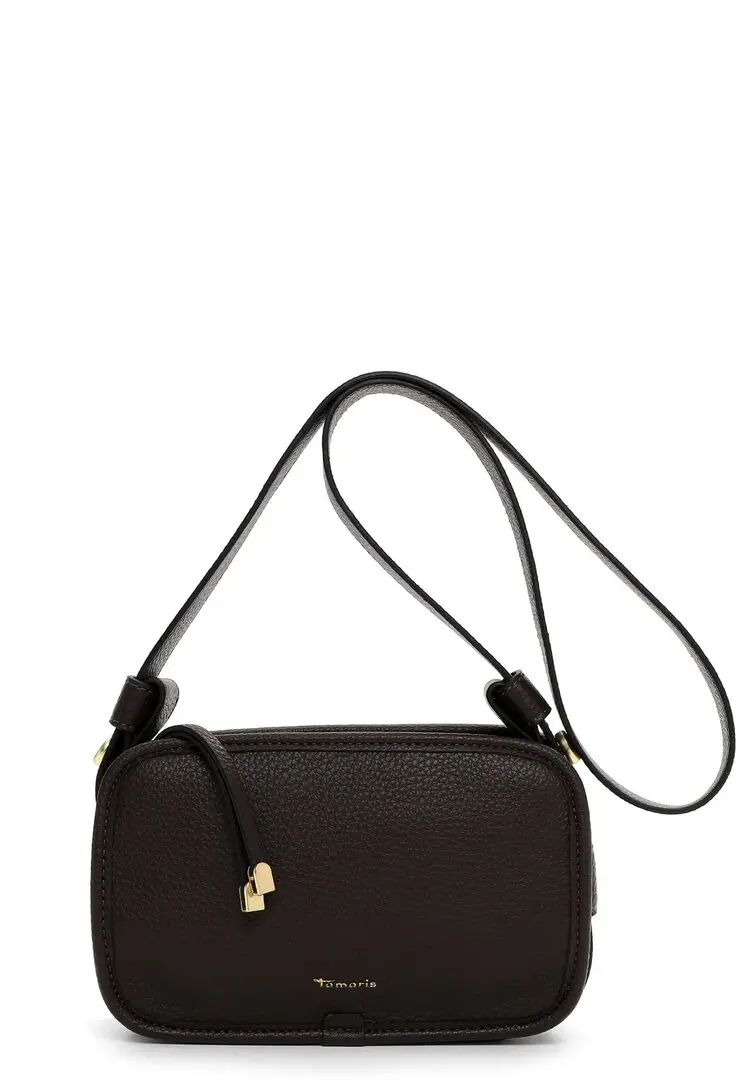 Compacte bruine schoudertas van synthetisch leder met verstelbare band en goudkleurige details.