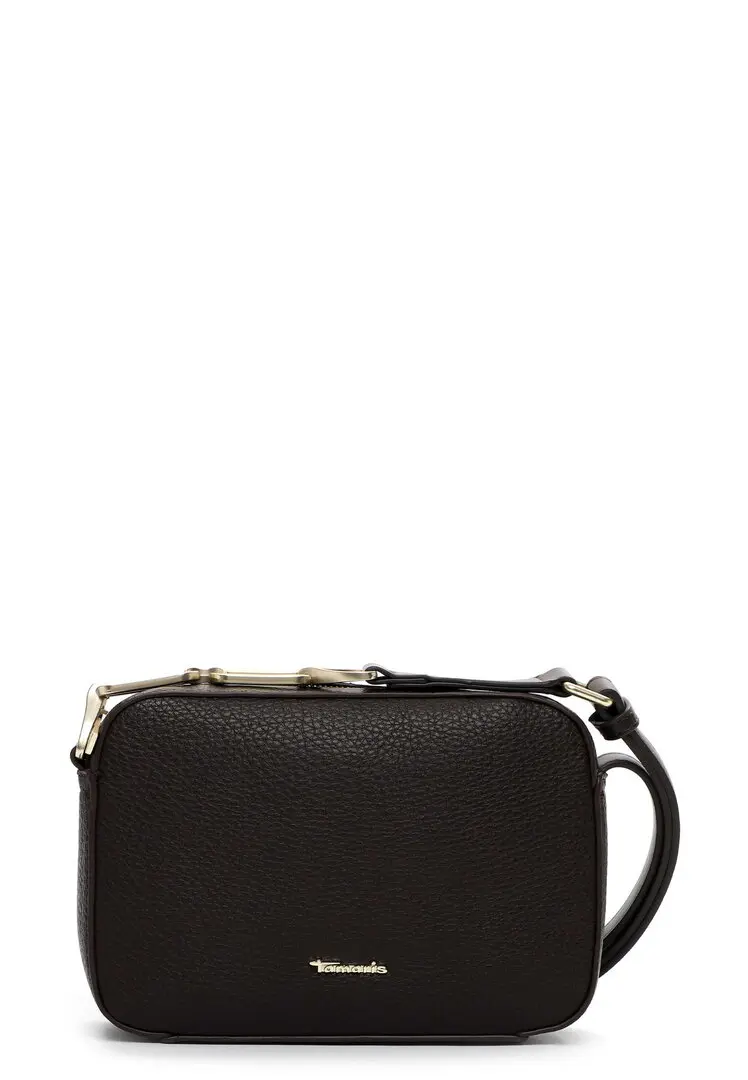 Bruine crossbodytas met ritssluiting, schouderband met goudkleurige schakels en subtiele merkbadge.