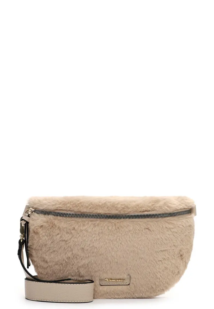 Beige teddy crossbodytas met ritssluiting en verstelbare schouderband.