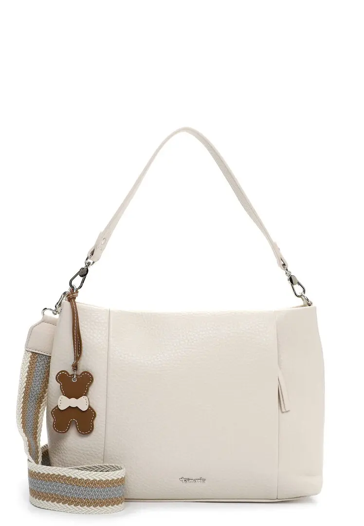 Offwhite Tamaris schoudertas met korte riem en bruine teddy hanger.