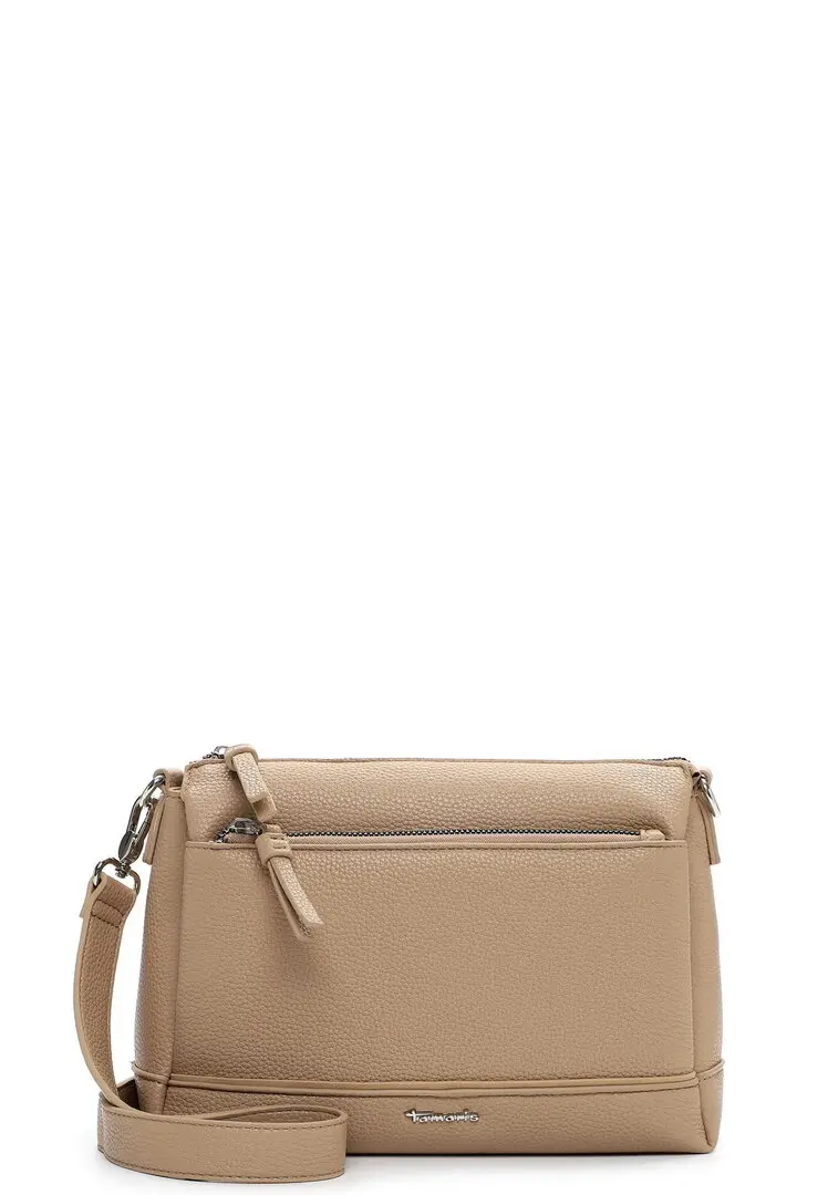 Zandkleurige Tamaris crossbodytas met dubbele ritssluiting en verstelbare schouderriem.