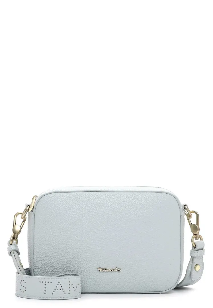 Lichtblauwe Tamaris crossbodytas met goudkleurige hardware.
