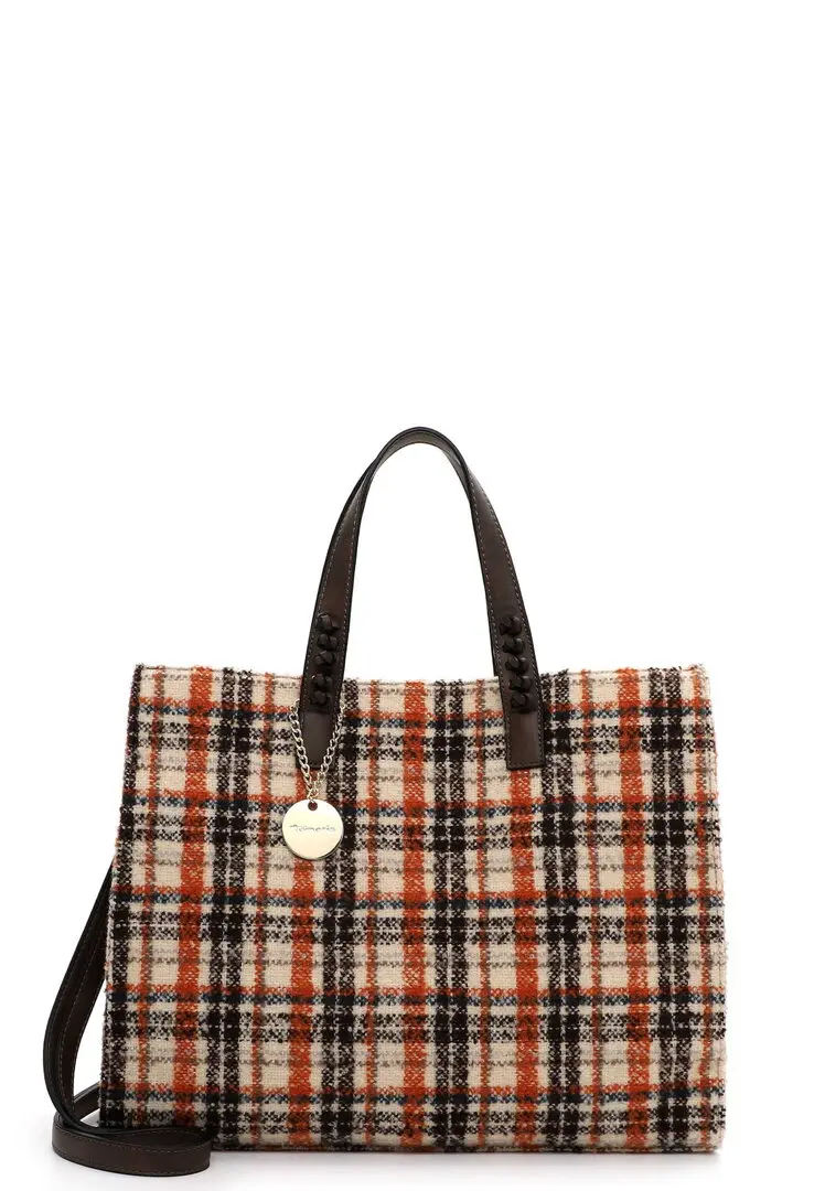 Tamaris shopper in bouclé-ruitpatroon met leren handvatten, afneembare schouderriem en bijpassende pouch.