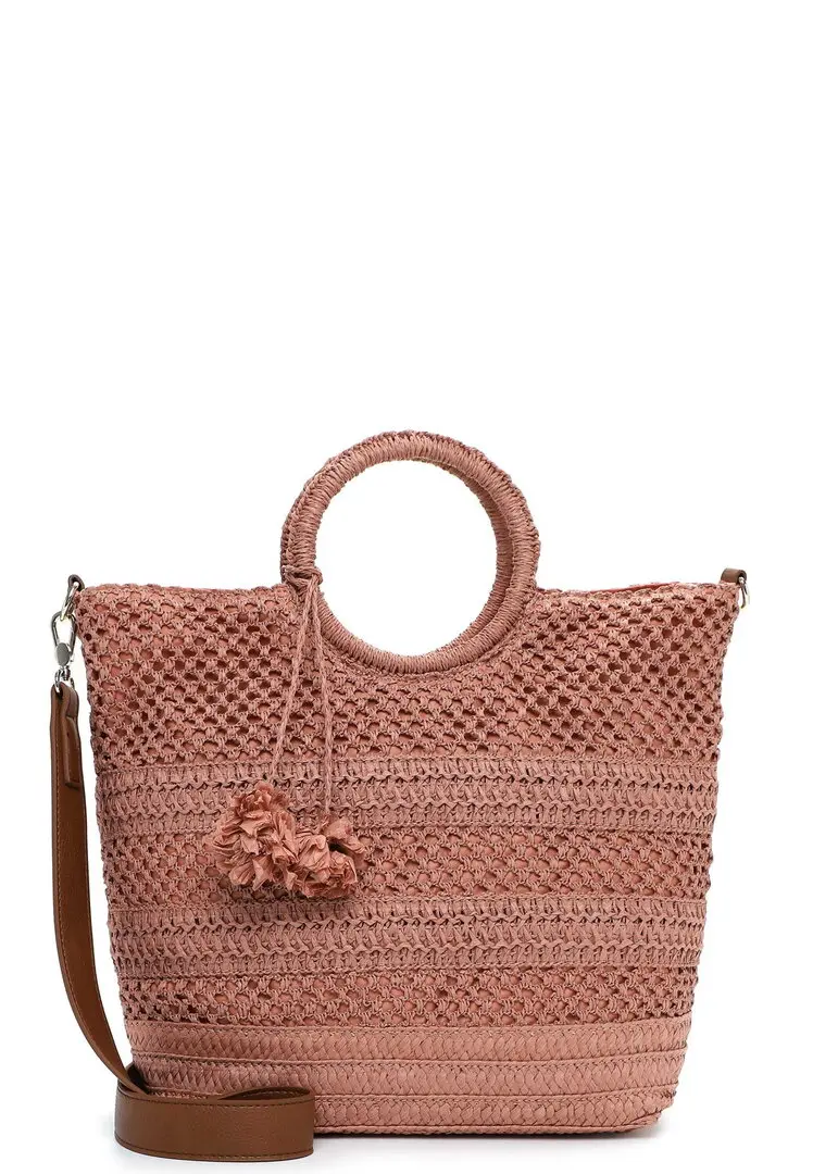 Tamaris roze tas geweven shopper met ronde handvatten en pompon