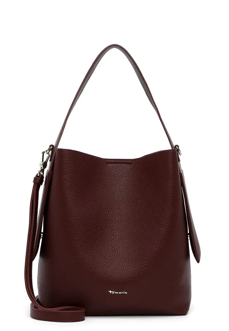 Tamaris wijnkleurige dames schoudertas met brede schouderriem, gestructureerde lederlook en minimalistisch design.