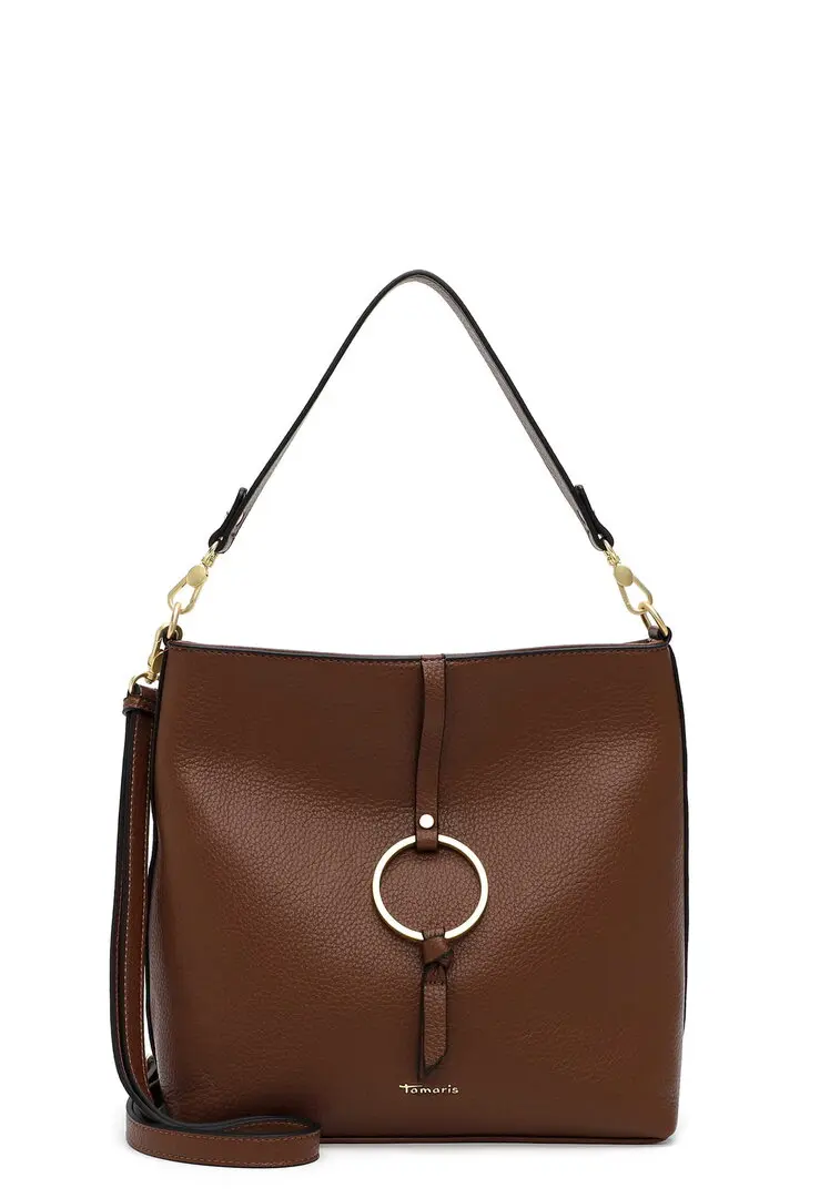 Tamaris cognac schoudertas met goudkleurige ring, brede schouderriem en gestructureerde lederlook.