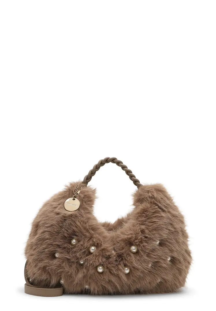Tamaris taupe handtas met zachte faux-fur look, pareldetails, gevlochten handvat en lange schouderriem.