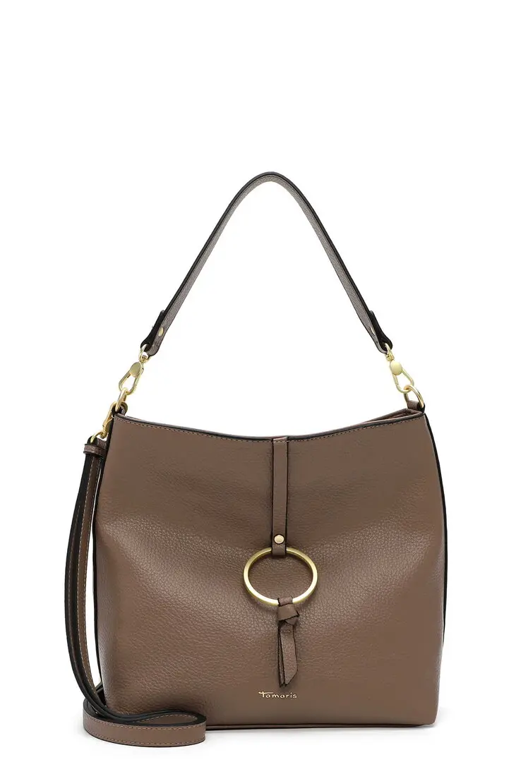 Tamaris taupe schoudertas met goudkleurige ring, brede schouderriem en gestructureerde lederlook.