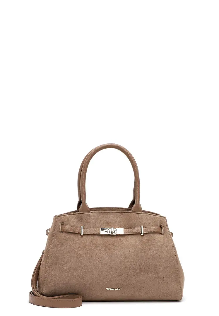 Tamaris taupe shopper in zachte suèdelook met korte handvatten, zilverkleurige sierdetails en lange schouderriem.
