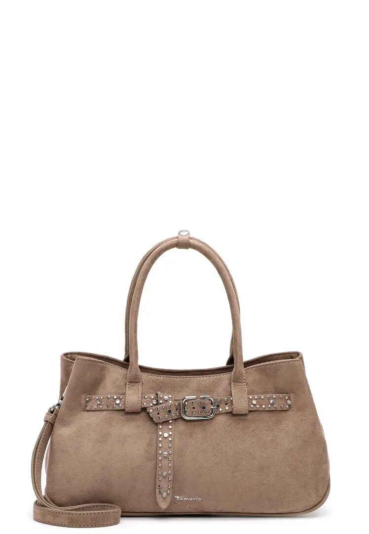 Tamaris taupe dameshandtas in suède-look met zilverkleurige studs, gespdetail, dubbele hengsels en schouderriem.