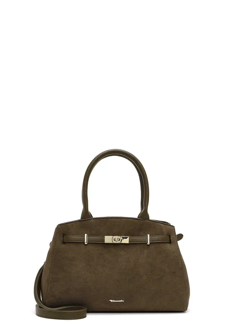 Tamaris taupe shopper in zachte suèdelook met korte handvatten, zilverkleurige sierdetails en lange schouderriem.